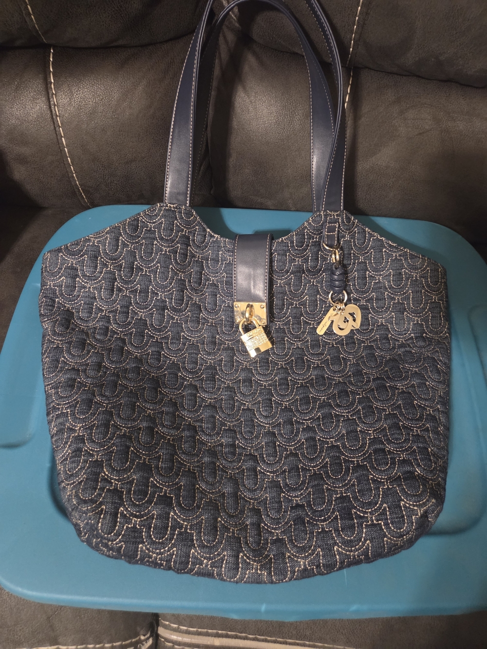 True Religiom Navy Quilted Tote Bag with Gold Accent
